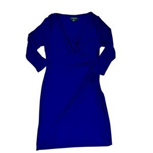 Lauren Ralph Lauren Blue Faux Wrap Ruched Sheath Dress 14 Stretch Cobalt Plus